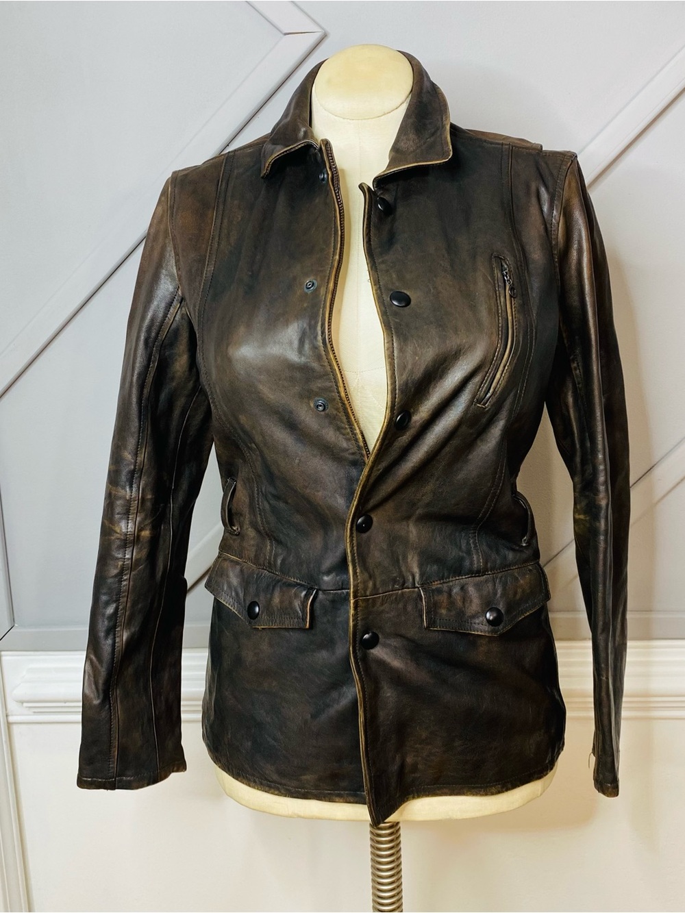 Ralph Lauren Distressed Burnished Brown Leather Field Moto Jacket Womens Size S
